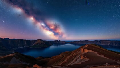 Wall Mural - Crater Lake's dark sky showcases the Milky Way's breathtaking arc, constellations, cosmos