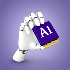 Poster - Artificial Intelligence Advancement: Robot Hand Holding AI Chip on a Modern Purple Backdrop