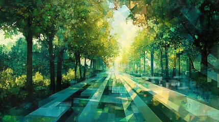 Wall Mural - sun rays shining through trees in a forest creating a bright path.