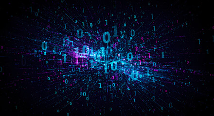 Abstract Digital Data Stream Glowing Binary Code in Cyberspace