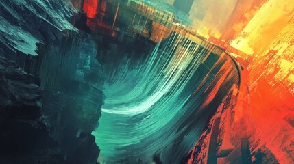 Wall Mural - abstract colorful painting with flowing lines and textures in blue orange and green.