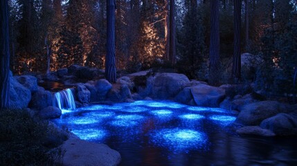 Wall Mural - illuminated water feature in a forest setting with trees and rocks.