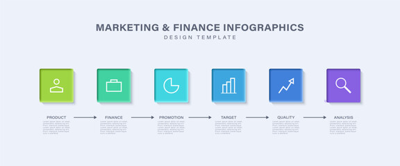 Business and Marketing Infographic Design Template with Six Steps. Infographic with Square Elements and Icons