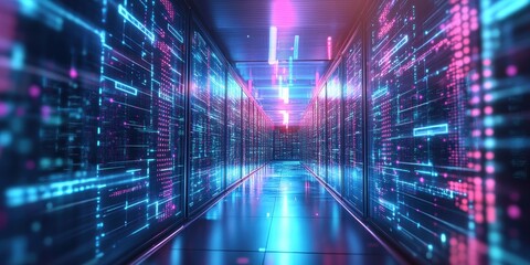 A futuristic data center hallway glows with digital code.