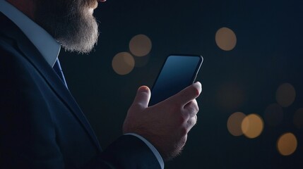 Bearded man uses smartphone