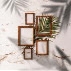 Canvas Print - rustic wooden frames on textured wall with palm leaf casting shadows for tropical summer vibe art di