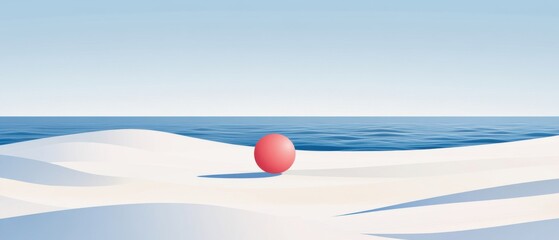Leinwandbilder - Minimalist seascape with red sphere on white sand dunes under clear blue sky Concept of surrealism, tranquility, and abstract art