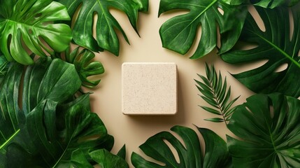 Beige square on pastel background surrounded by tropical leaves.