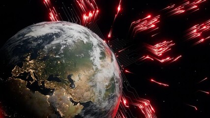 Wall Mural - planet earth with visible europe at night and glowing red digital arrows in outer space. 3d render r