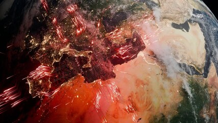 Wall Mural - planet earth with visible southern europe, north africa and the middle east at night and glowing red