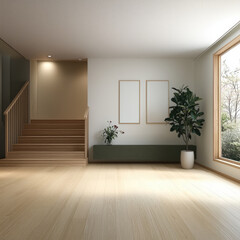 Poster - serene minimalist interior featuring wooden stairs, large window with natural light, and potted plant. space is designed for tranquility and simplicity, perfect for modern living