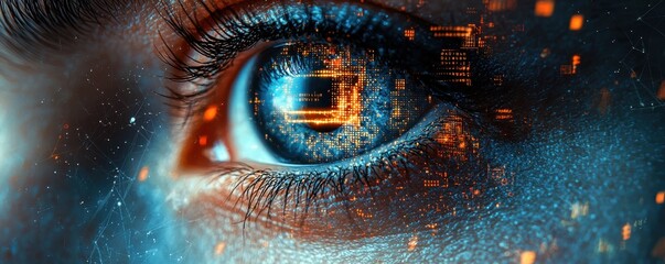 Wall Mural - close-up of a human eye blended with digital data visual effects
