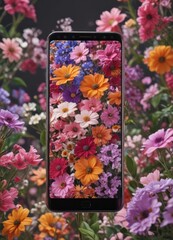 Wall Mural - Rotating smartphone display showcases a colorful array of blossoming flowers , fantasy, garden