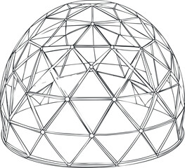 Black and white line drawing of a geodesic dome architectural structure with triangular framework pattern.