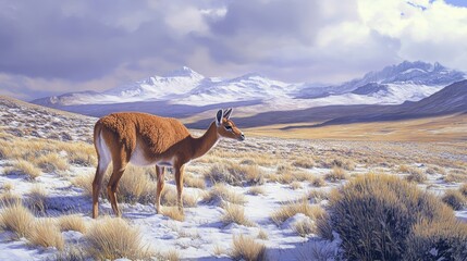 Wall Mural - Vicuña stands in a snowy high altitude landscape with mountains and cloudy sky.
