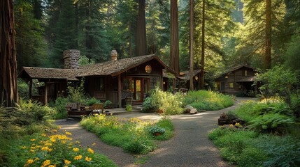 Wall Mural - cabin in the woods with a path leading to it surrounded by trees.