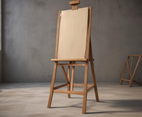 Wall Mural - Solid wooden easel's sturdy base and legs hold a large, taut canvas ,  clean,  close-up