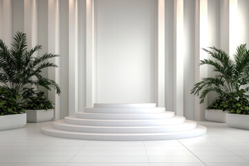 Poster - modern, minimalist stage design featuring white steps, lush green plants, and clean backdrop, perfect for presentations or events. serene atmosphere invites creativity and inspiration