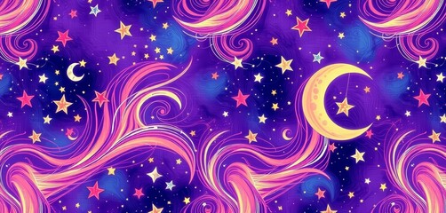 Wall Mural - Whimsical, enchanted seamless pattern; swirling lines, stars, and moon-like shapes create a dreamy, magical background, whimsical, enchanting