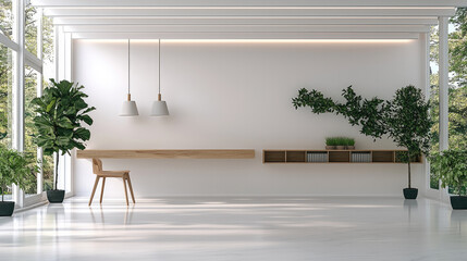 Poster - modern home office featuring minimalist design with wooden desk, chair, and lush green plants. bright space is enhanced by natural light streaming through large windows, creating serene atmosphere