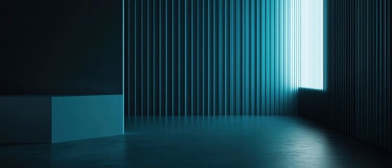 Wall Mural - Modern blue interior with vertical lines and glowing light, showcasing minimalist architecture and contemporary design for background or product display