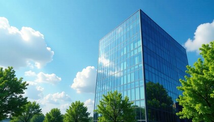 office building against blue sky with white clouds and green trees , blue sky, cloud