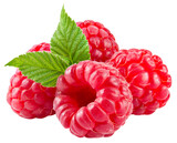 Raspberry isolated png. Raspberries with leaves on transparent background. Whole four raspberries no background. Transparent png. Full depth of field.