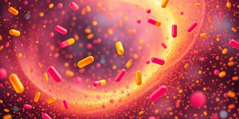 Wall Mural - vibrant pink & yellow capsules drift in a swirling, colorful nebula of tiny particles, energy, abstr