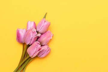 Wall Mural - bouquet of pink tulip flowers on a yellow background. place for your design.