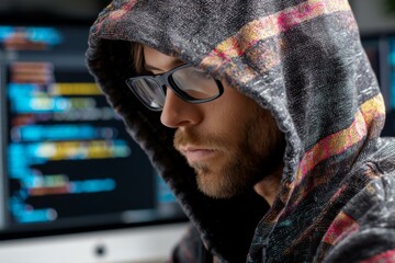 Man with glasses and hood in front of computer screen with code, showing cybersecurity concept, online programming, software development