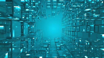 Poster - Abstract 3D tunnel of glowing cubes in deep blue space. 