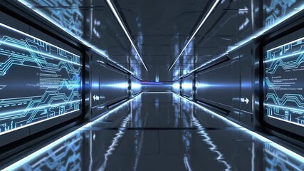Leinwandbilder - Exploring a futuristic hallway illuminated by glowing technology designs in a high-tech environment