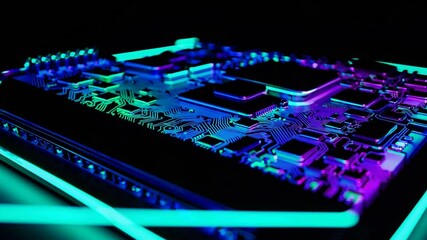 Aufkleber - Vibrant electronic circuit board showcasing intricate patterns and glowing lights in a darkened setting