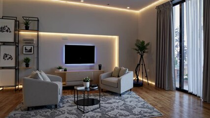 Poster - Modern living room design with elegant furnishings and ambient lighting in a stylish home setting