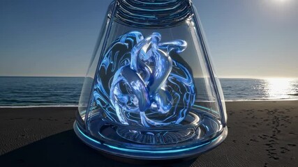 Fototapete - Art installation displays vibrant light reflections on beach at sunset
