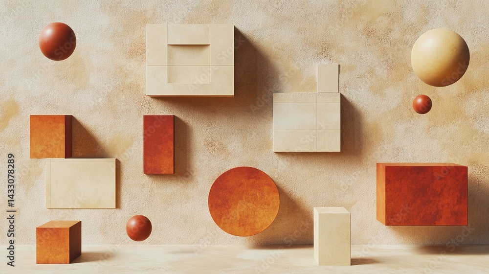 Abstract modern art composition with 3D geometric shapes suspended over ...