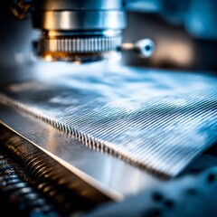 Poster - Precision Grinding: Close-up of Metal Surface Machined with Parallel Grooves in Advanced Industrial Process.