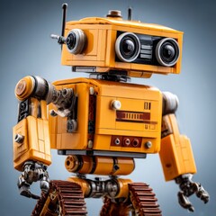 Poster - Retro Future: A Detailed Look at a Charming Yellow Brick-Built Robot with Tracks and Big Eyes on a Soft Blue Backdrop