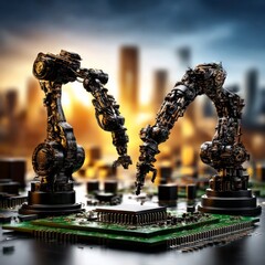 Poster - The Future of Tech: Robotic Arms Assembling a Microchip in a Cityscape with AI Automation at its Core.