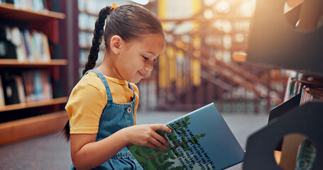 Poster - Girl, kid and reading book in library, relax and smile with fantasy, education and learning. School, student and child development with information, storytelling and growth with vocabulary and novel