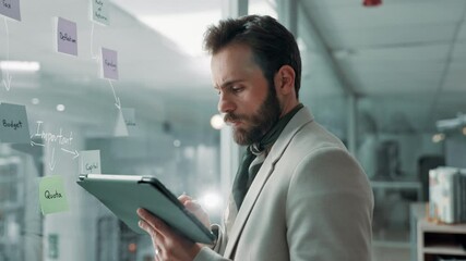 Poster - Businessman, writing and brainstorming with tablet on glass board for agenda or project tasks. Man, employee or planner with technology, ideas or sticky notes for work mindmap or schedule planning