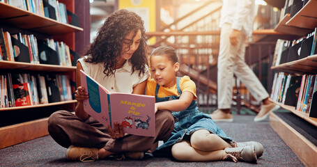 Poster - Kid, learning or teacher reading book for storytelling, development or growth in school. Teaching, tutor or woman with girl or child in library for literature lesson, fairy tale or education support