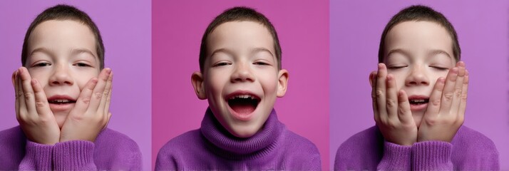 Aufkleber - Expressive Gen Z Youth Emotion Series Vibrant Purple Studio Portraits Capturing Dynamic Facial Reactions, Authentic Mood Storytelling in Minimalist Design