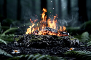 Wall Mural - Vibrant campfire amidst lush forest setting