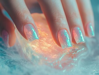 Poster - Iridescent Glass Nails Trend Futuristic Beauty Innovation for Gen Z Millennials - Holographic Nail Art Transforming Personal Style and Digital Aesthetics
