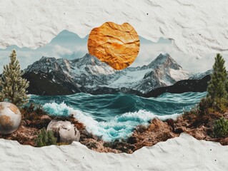 Aufkleber - Eco-Surreal Landscape Design Climate Resilience Visualization with Textural Mixed-Media Mountain and Ocean Collage - Innovative Environmental Storytelling