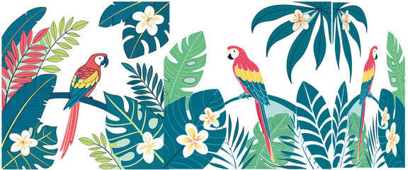 Naklejka na meble Jungle background with wooden sign board hanging on green liana vines with empty space for text and parrot on it. Cartoon vector rain forest scenery with tropical leaves, bird and wood banner