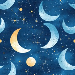 Wall Mural - celestial pattern: blue moons, gold stars, and constellations on dark sky.