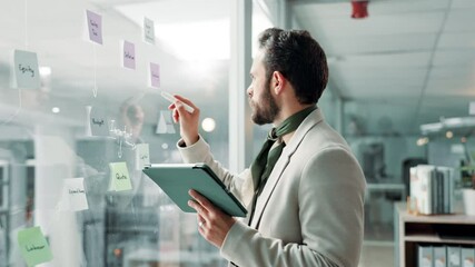 Poster - Businessman, writing and schedule planning with tablet on glass board for agenda or project tasks. Man, employee or planner with technology, ideas or sticky notes for mindmap or brainstorming work