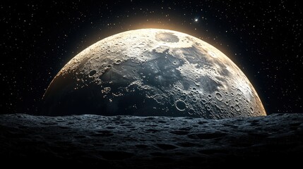 Wall Mural - A celestial view of the moon rising above a lunar landscape.